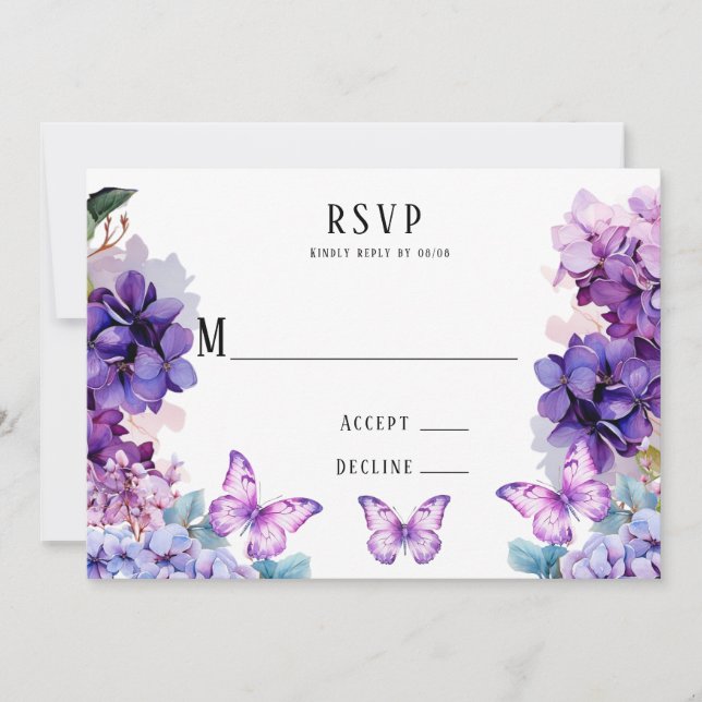 Tarjetas Violet Hydrangea Floral Butterfly RSVP (Anverso)