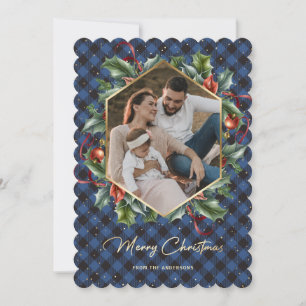 Tarjetas Wreath Blue Buffalo Plaid Photo Navidades
