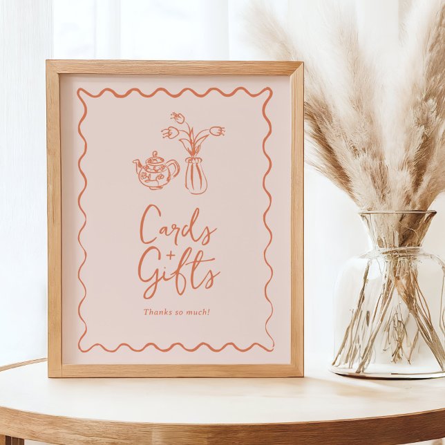 Tarjetas y regalos Señal con ilustraciones caprich (handwritten cards and gifts sign in peach colour with doodles)