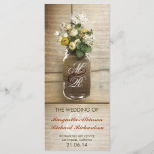 tarro de masón con flores programas de boda rústic