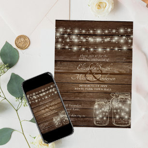 Tarros de Mason Rústicos y Luces para Invitaciones