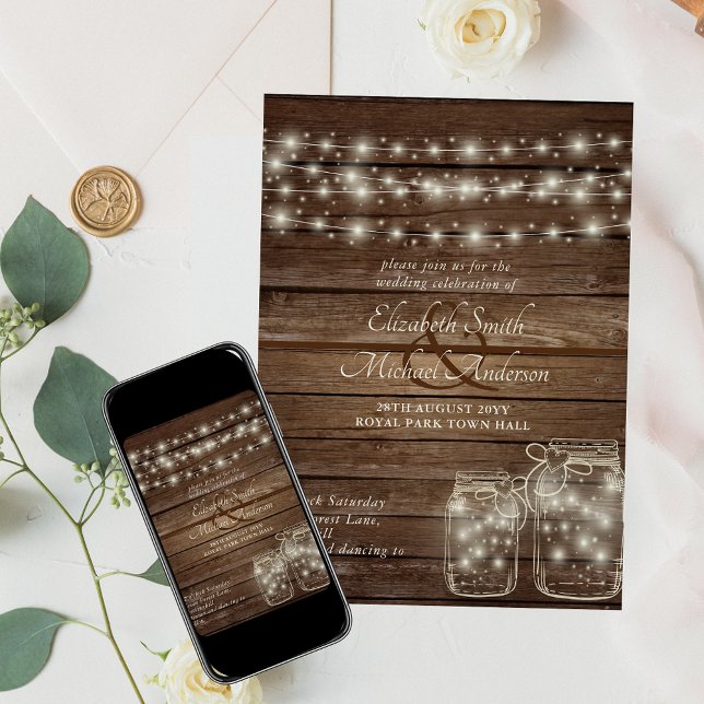 Tarros de Mason Rústicos y Luces para Invitaciones (Subido por el creador)