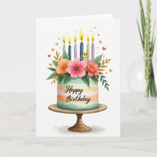 Tarta de Acuarela y Tarjeta Floral
