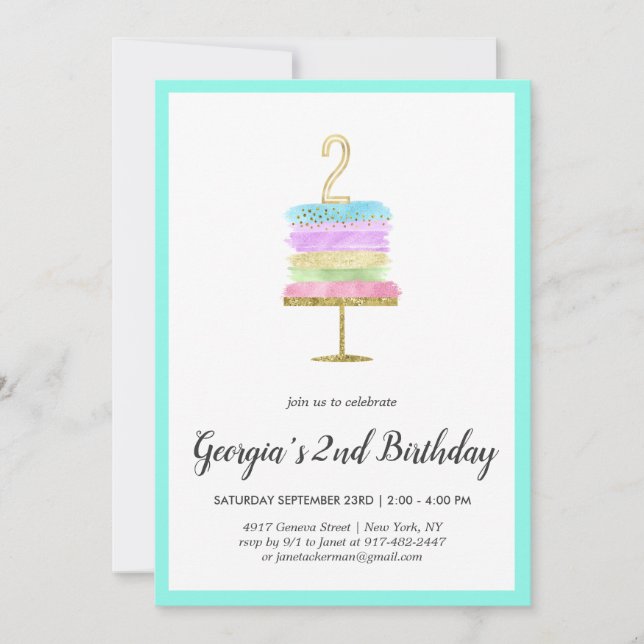 Tarta de Arcoíris | Invitación de cumpleaños númer (Anverso)