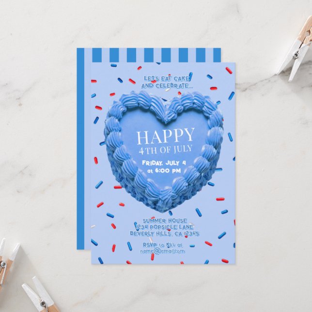 Tarta de corazón Feliz 4 de julio Invitación (azul (Anverso/Reverso In Situ)