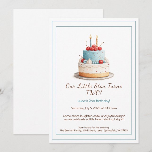 Tarta de cumpleaños azul y roja: Invitación de seg (Anverso / Reverso)