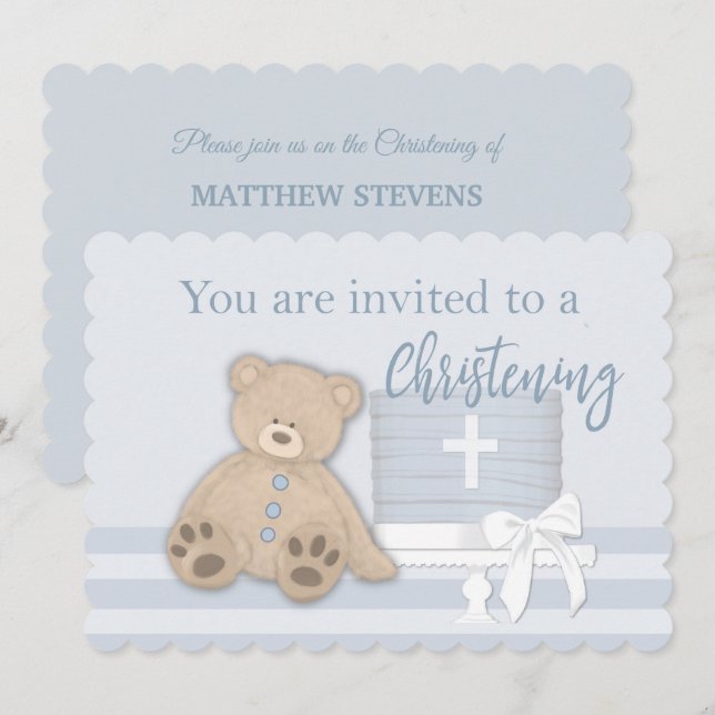 Tarta de Invitación de Bautizo Baby Boy Blue Oso T (Anverso / Reverso)