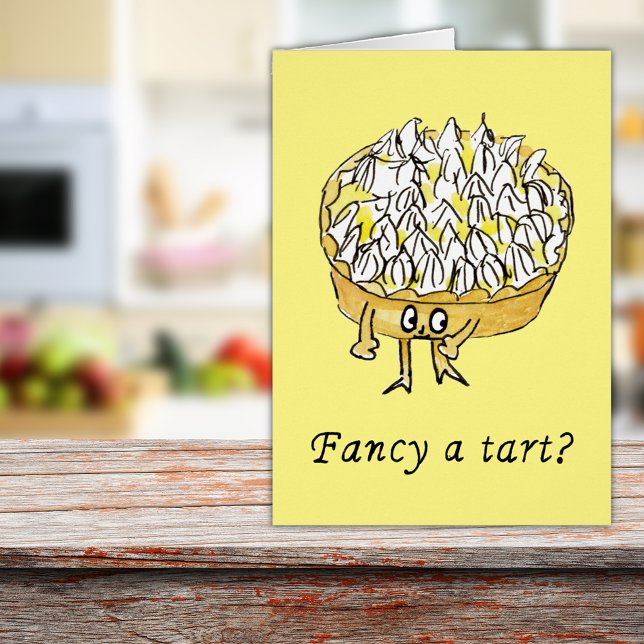 Tarta divertida de limón con merengue cita (Lemon meringue pie cute cartoon art with funny word play quote fancy a tart greetings card)