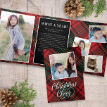 Tartán Classic Script Navidades Tarjeta triple de<br><div class="desc">Este hermoso diseño de tres pliegues cuenta con un fondo de estrán rojo y un guión elegante de caligrafía. El saludo en la portada dice "Navidades Saludan". Al abrir el primer panel se ve una sola foto vertical. Cuando abres completamente la tarjeta verás una foto vertical a la izquierda y...</div>