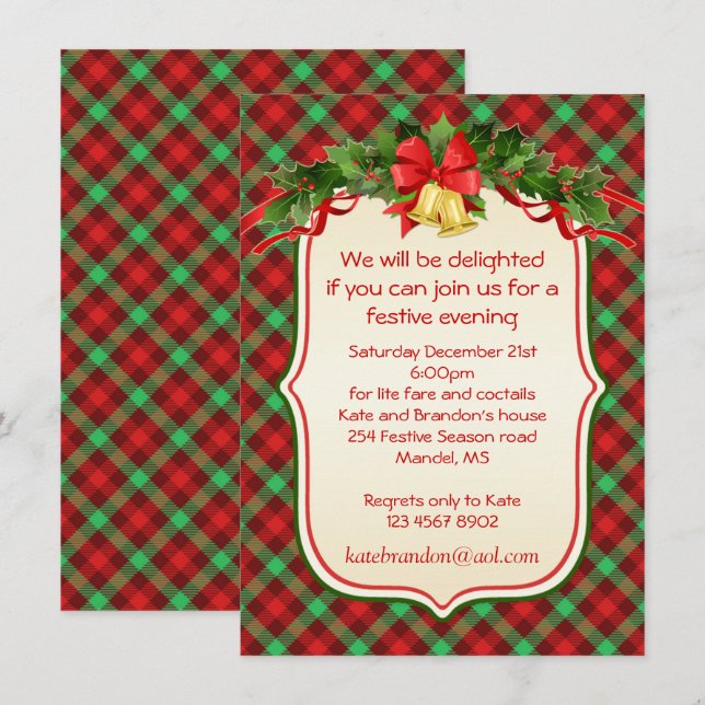Tartan holly bells fiesta de Navidades Invitación (Anverso / Reverso)