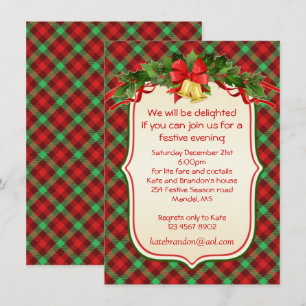 Tartan holly bells fiesta de Navidades Invitación