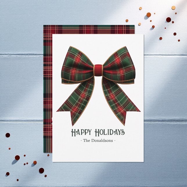Tartan Plaid Lazo Foto Familiar Feliz Navidad (Tartan Plaid Bow Family Photo Happy Christmas Holiday Card)