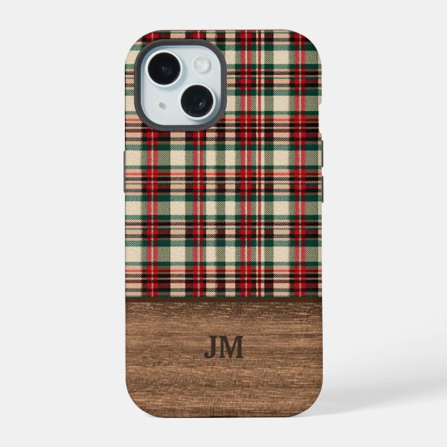 Tartan Plaid Phone Case with Wood Monogram (Reverso )