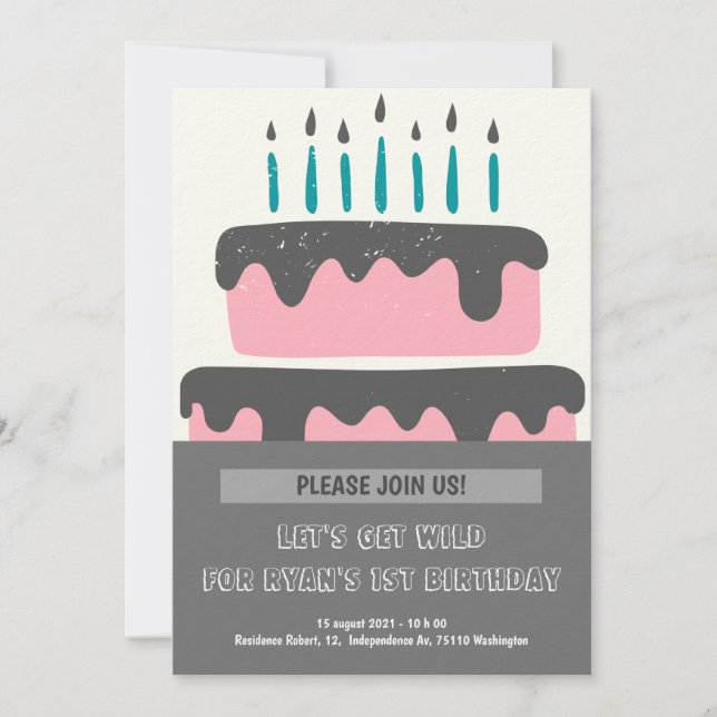 Tartas rosadas y negras Invitación de primer cumpl (Anverso)