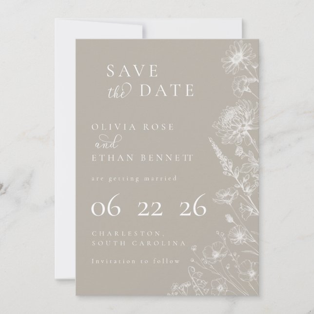 Taupe Botanical Minimal Wedding Save the Date (Anverso)