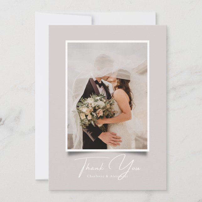 Taupe Modern Photo Frame Boda Gracias tarjeta (Anverso)