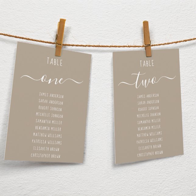 Taupe Modern White Script Brown Seating Chart Card (Subido por el creador)