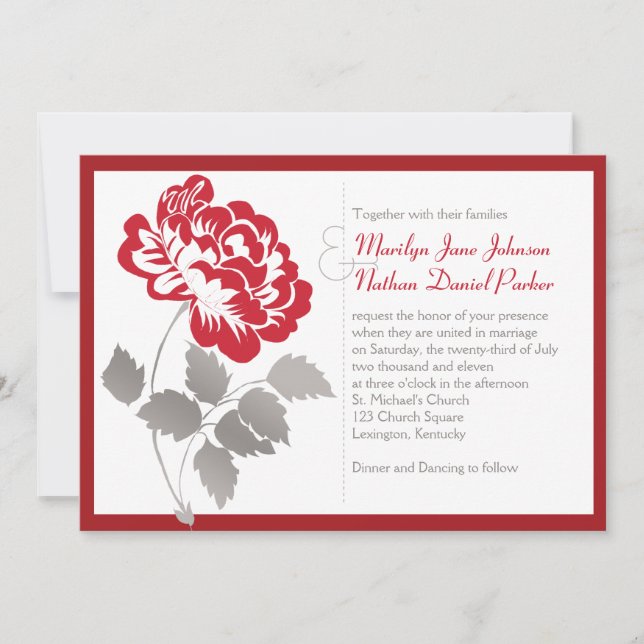Taupe, Peonía Roja en la invitación a la boda blan (Anverso)