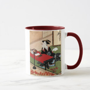 Taza 手紙を書く女, mujer del 春章 que escribe una letra,