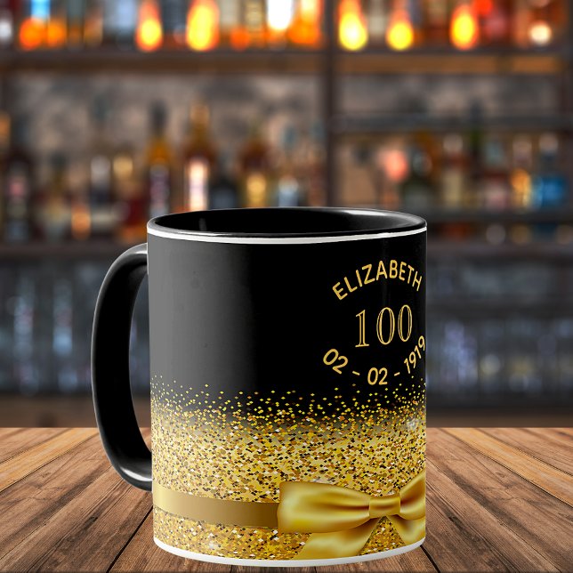 Taza 100 cumpleaños nombre de oro negro arco elegante (Subido por el creador)