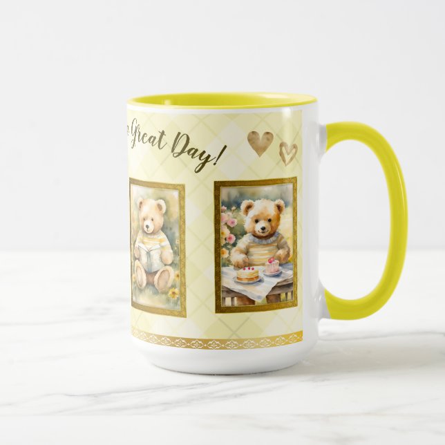 Taza 15 oz Cute Teddy Bear Yellow Great Day Fun Happy (Derecha)