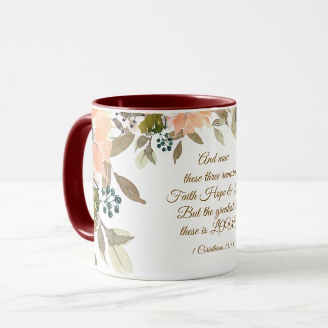 Taza 1 Corintios 13:13 Fe Hope Love Bible Verse (Anverso izquierdo)