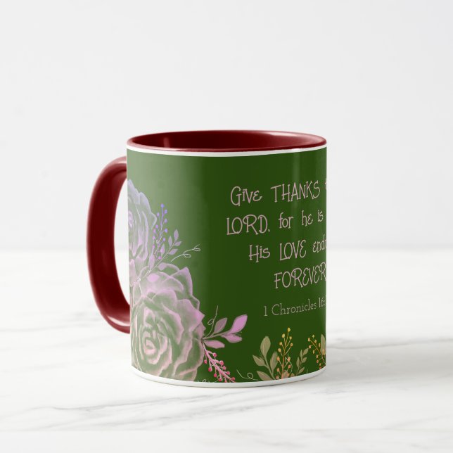 Taza 1 Crónicas 16:34 Escritura Floral Verde de Borgoña (Anverso izquierdo)