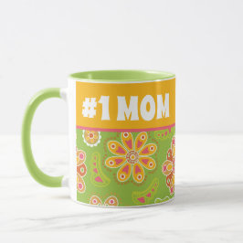 Taza #1 MOM - Flor Retro Amarillo Verde Número Uno Mamá