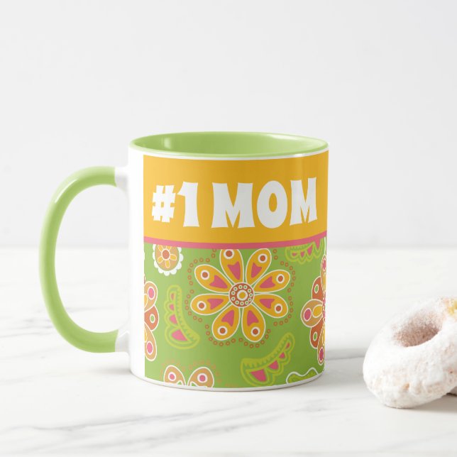Taza #1 MOM - Flor Retro Amarillo Verde Número Uno Mamá (Con donut)