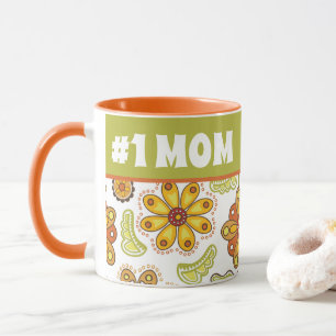 Taza #1 MOM - Naranja Retro Flor Verde Número Uno Mamá