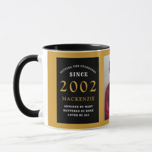 Taza 21ᵉʳ cumpleaños 2002 Black Gold Add Name Photo