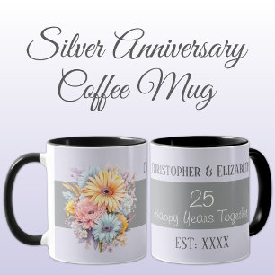 Taza 25° aniversario de plata flores llaman púrpura
