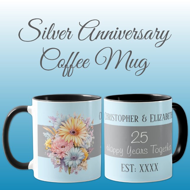 Taza 25° aniversario de plata flores nombres azules (Subido por el creador)