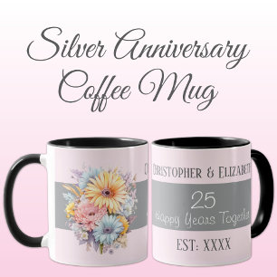 Taza 25° aniversario de plata flores nombres rosados