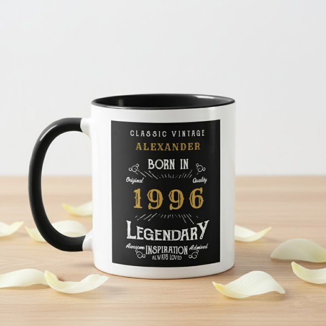 Taza 30th Birthday 1996 Legend Retro Black Personalized (Born 1996 birthday mug. Wood and grey background.)