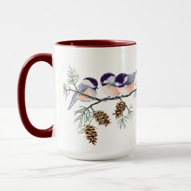 Taza 3 CHICKADEES y CONOS de SHARON SHARPE (Izquierda)