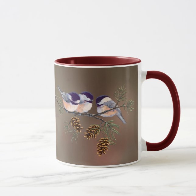 Taza 3 CHICKADEES y CONOS de SHARON SHARPE (Derecha)