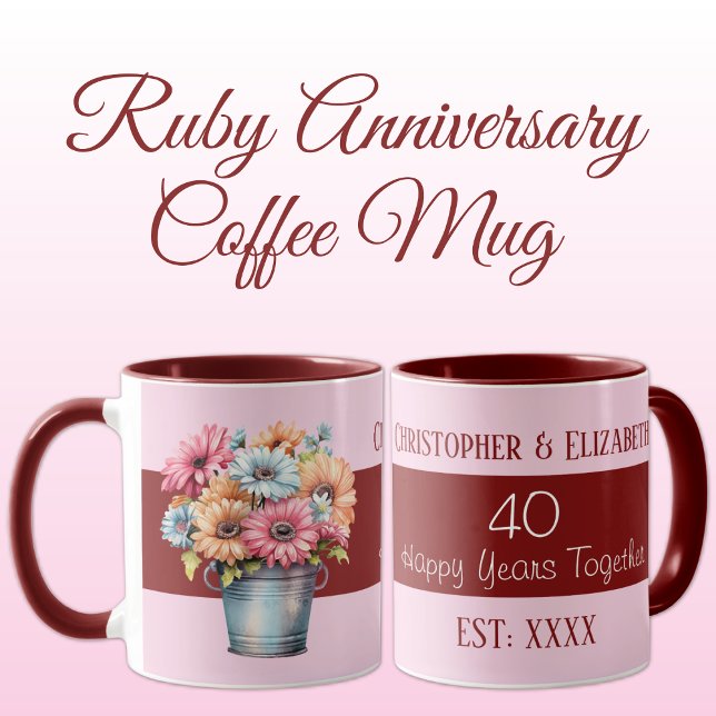 Taza 40.º aniversario del rubí flores nombres rosados (Subido por el creador)