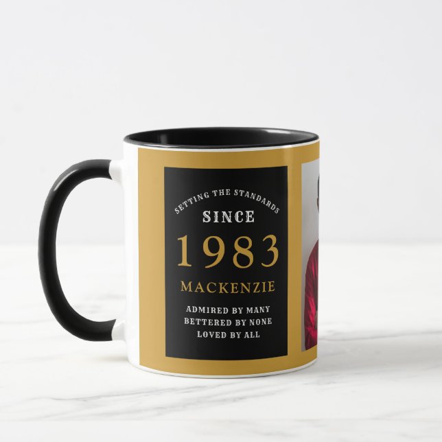 Taza 40.º cumpleaños 1983 Black Gold Add Name Photo (Izquierda)