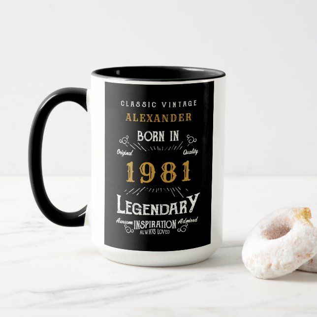 Taza 40.º cumpleaños nacido en 1981 Leyenda café grande (Con donut)