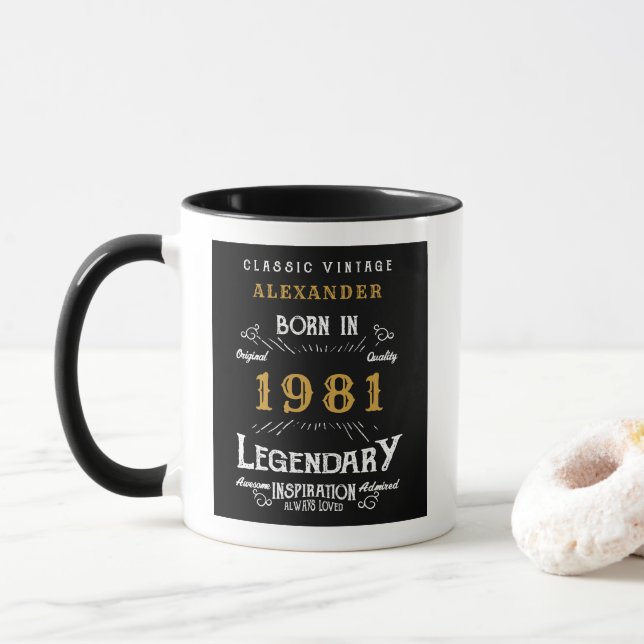 Taza 40.º cumpleaños nacido en 1981 retro negro persona (Con donut)