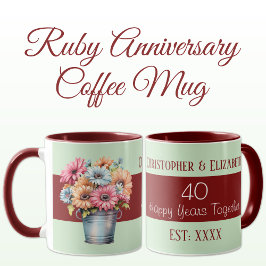 Taza 40.º ruby aniversario flores nombres verdes