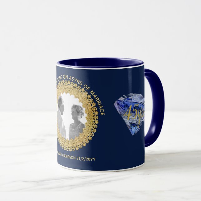Taza 45° Aniversario del Boda - AÑADIR FOTO Azul zafiro (Anverso derecho)