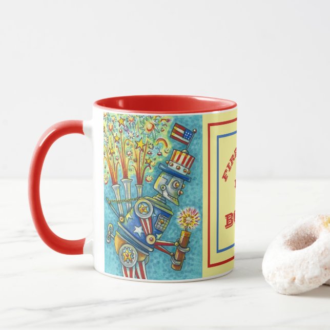 TAZA 4 DE JULIO ROBOT DE INCENDIOS, FIRECRACKER STEAMPU (Con donut)