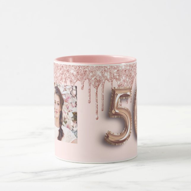 Taza 50.ª foto de cumpleaños goteo de oro rosa rosado (Centro)