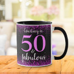 Taza 50 and fabulous sparkly pink & black personalized<br><div class="desc">“50 and fabulous.” Be proud, rejoice and usher in 50 with style! This chic, playful, personalized, sparkly pink confetti on a black background coffee mug will help make her birthday special. Matching and coordinating invitations, envelopes, labels, paper plates, napkins, and other items are also available. A great gift for a...</div>