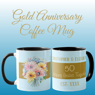 Taza 50° aniversario de oro nombres de flores azules