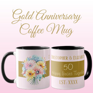 Taza 50° aniversario de oro nombres de flores rosadas