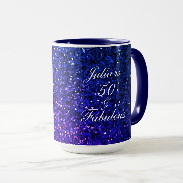 Taza 50 Fabuloso cumpleaños Purpurina azul Favor de reg (Anverso derecho)