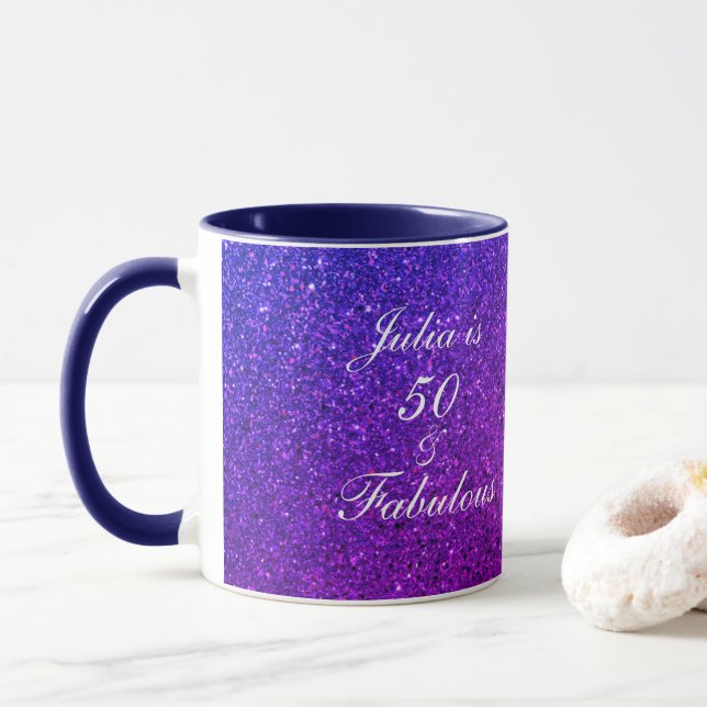 Taza 50 Fabuloso regalo Purpurina Púrpura de Cumpleaños (Con donut)
